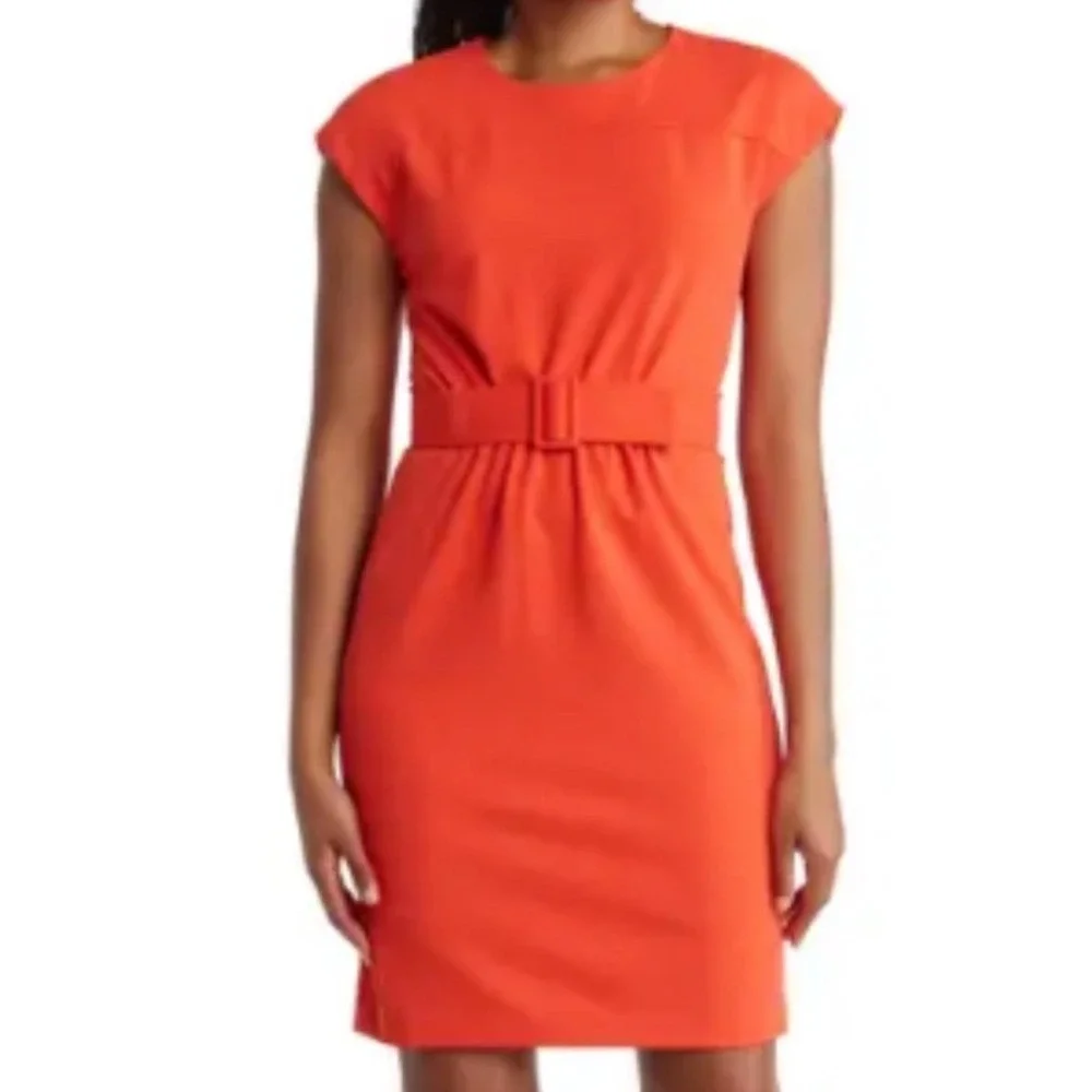 Calvin Klein‎ Belted Sheath Dress Women 2 Orange NEW CD2C1F2W Short Sleeve